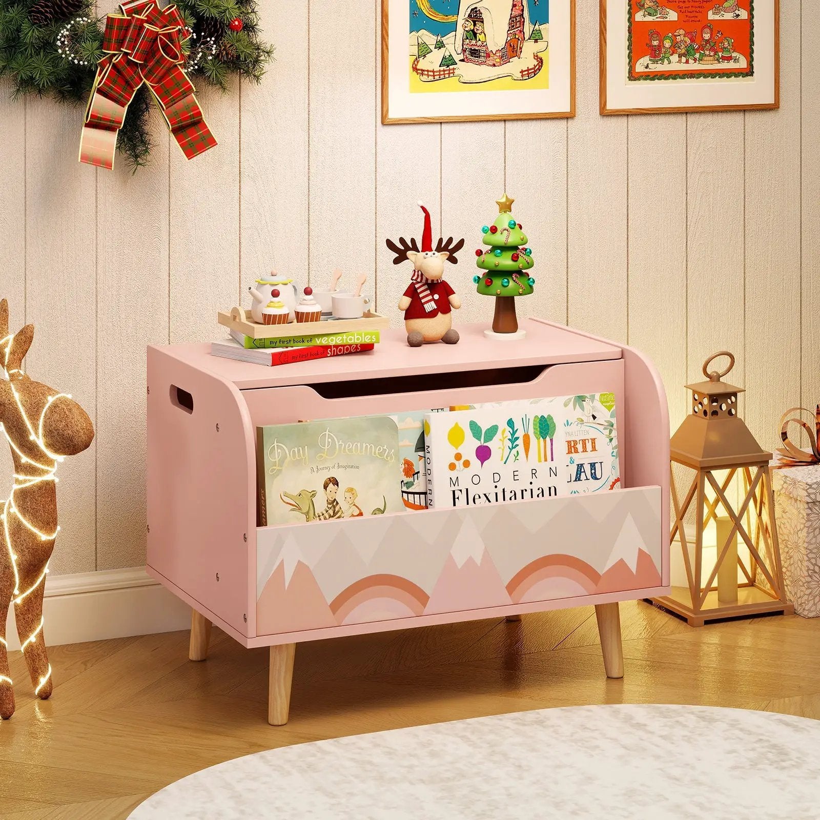 Kids Wooden Toy Box with Front Bookshelf and 4 Solid Wood Legs for Playroom by DirectDeals