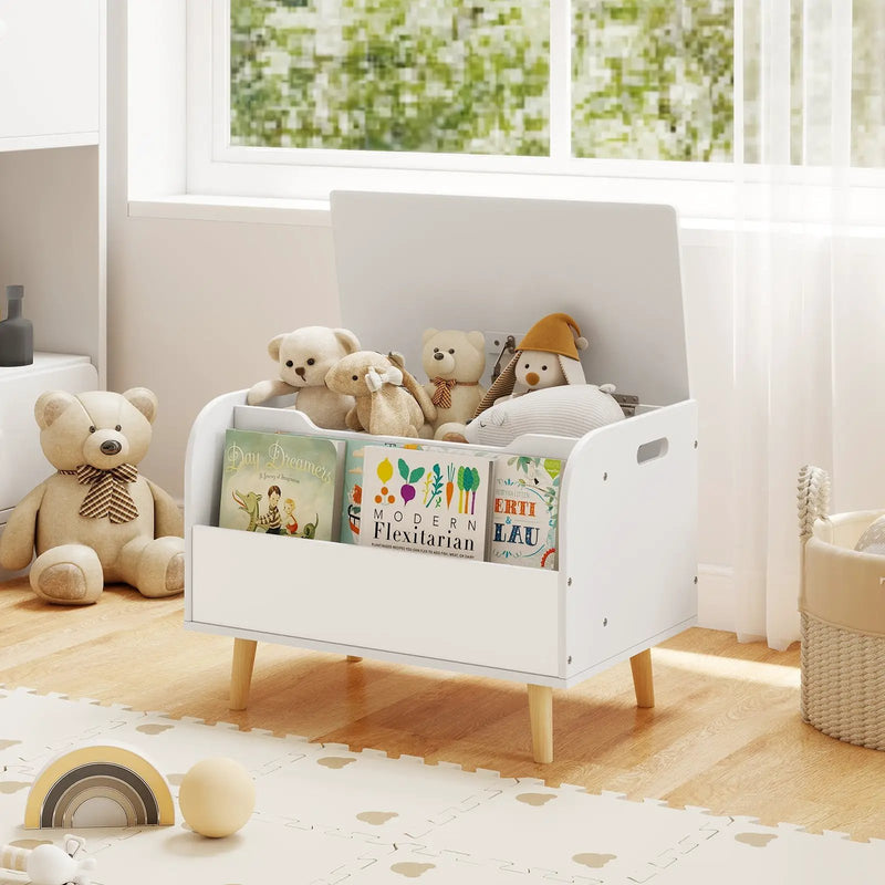Kids Wooden Toy Box with Front Bookshelf and 4 Solid Wood Legs for Playroom by DirectDeals