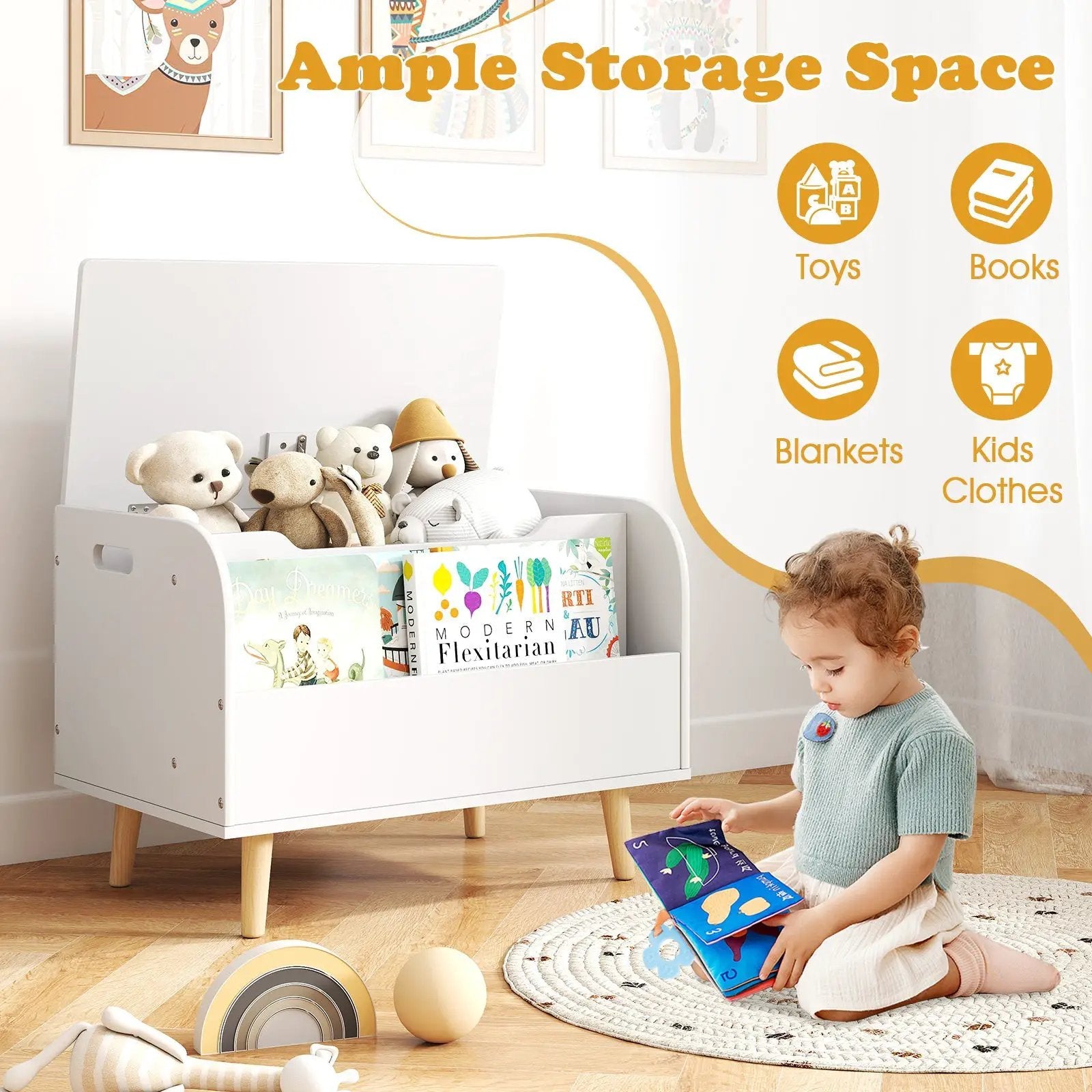 Kids Wooden Toy Box with Front Bookshelf and 4 Solid Wood Legs for Playroom by DirectDeals