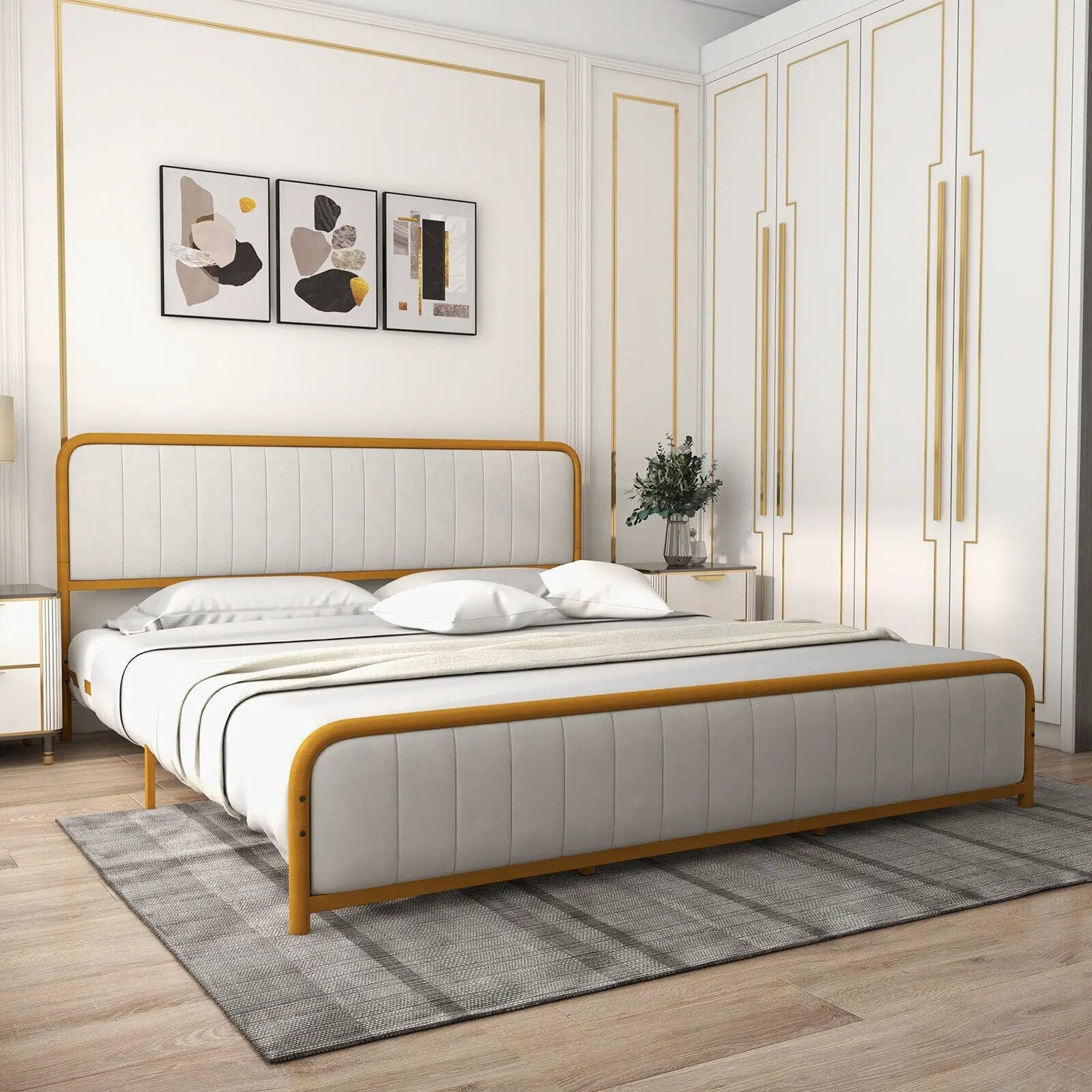 Upholstered Gold Platform Bed Frame with Velvet Headboard by DirectDeals