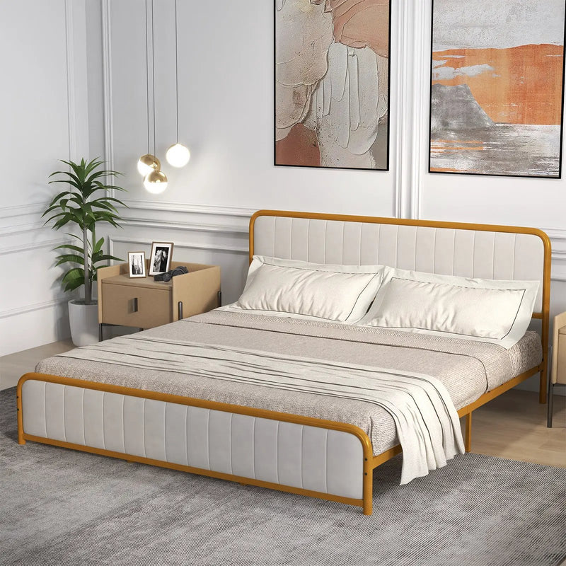 Upholstered Gold Platform Bed Frame with Velvet Headboard by DirectDeals