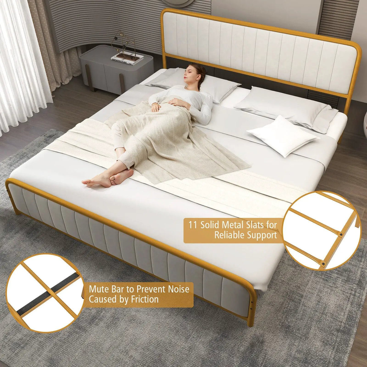 Upholstered Gold Platform Bed Frame with Velvet Headboard by DirectDeals