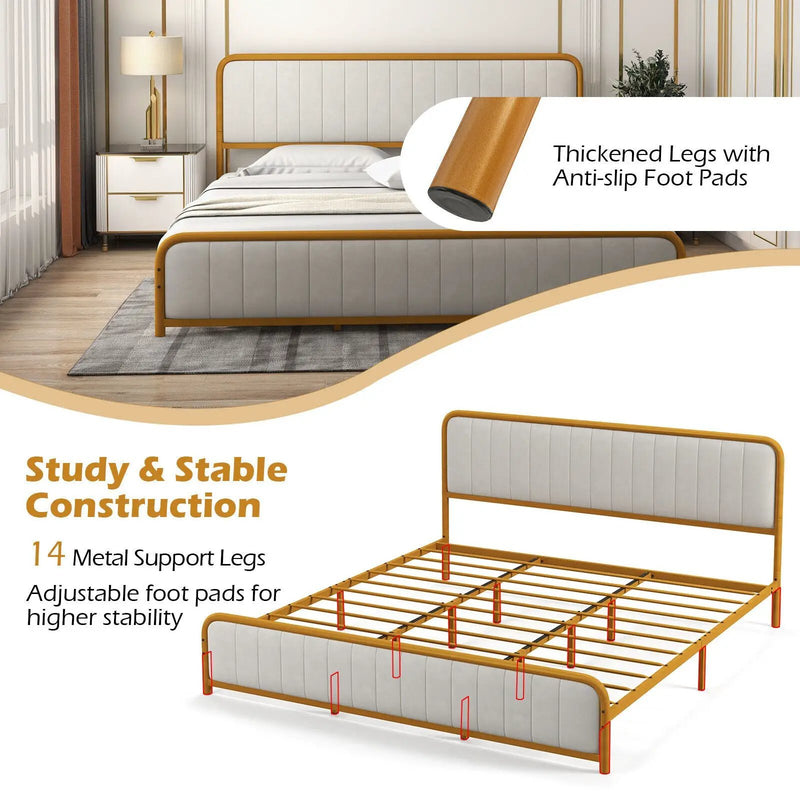 Upholstered Gold Platform Bed Frame with Velvet Headboard by DirectDeals