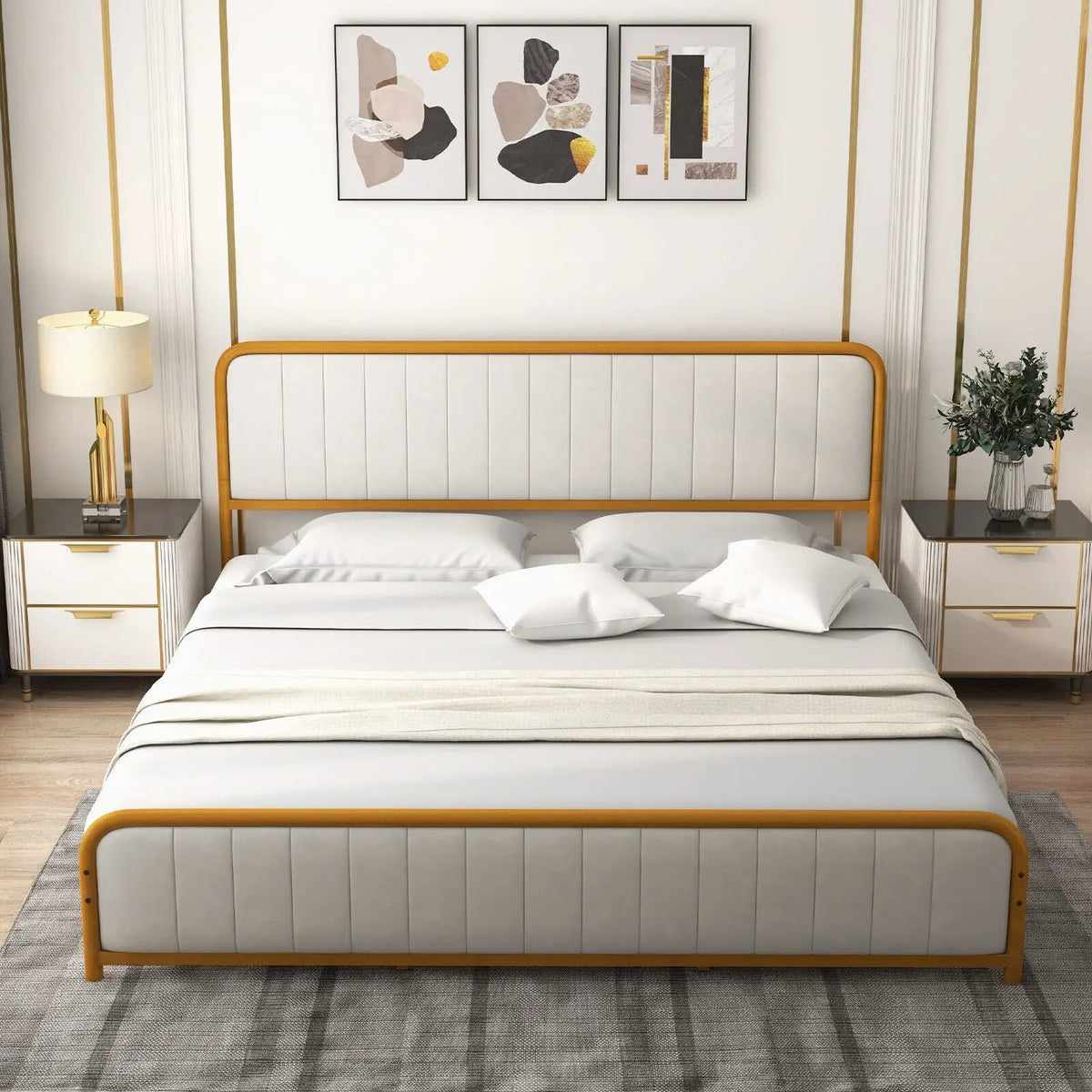 Upholstered Gold Platform Bed Frame with Velvet Headboard by DirectDeals