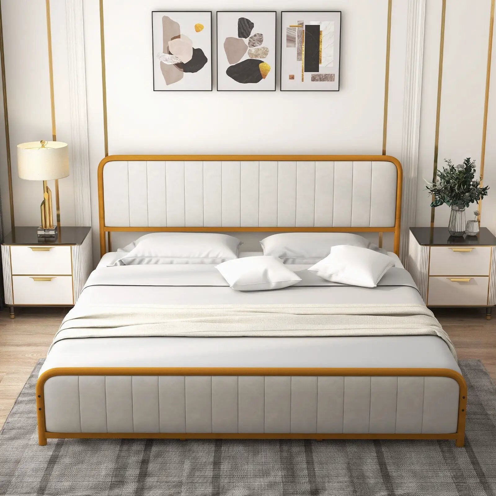 Upholstered Gold Platform Bed Frame with Velvet Headboard by DirectDeals