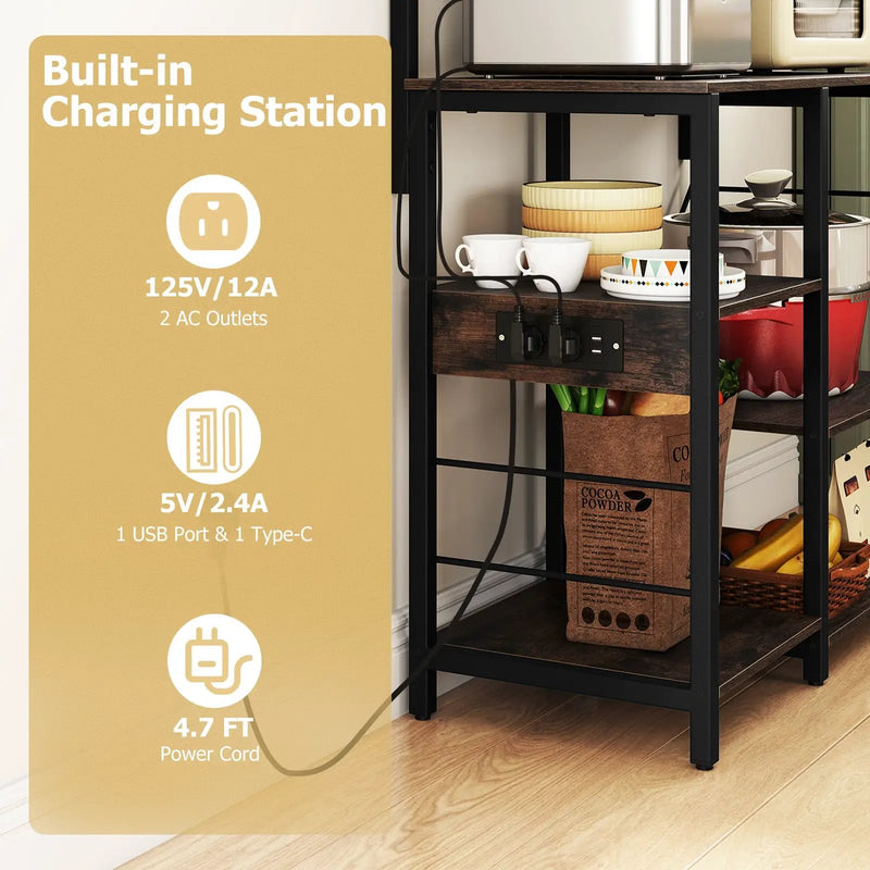 Kitchen Bakers Rack with Power Outlet 5-Tier Microwave Oven Stand with LED Lights by DirectDeals