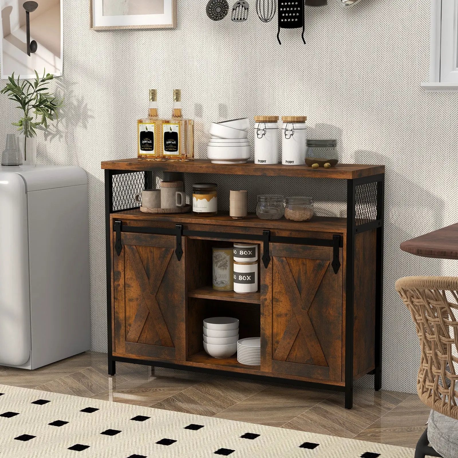 Buffet Cabinet with 3-Level Adjustable Shelves and 2 Sliding Barn Doors-Rustic Brown by DirectDeals