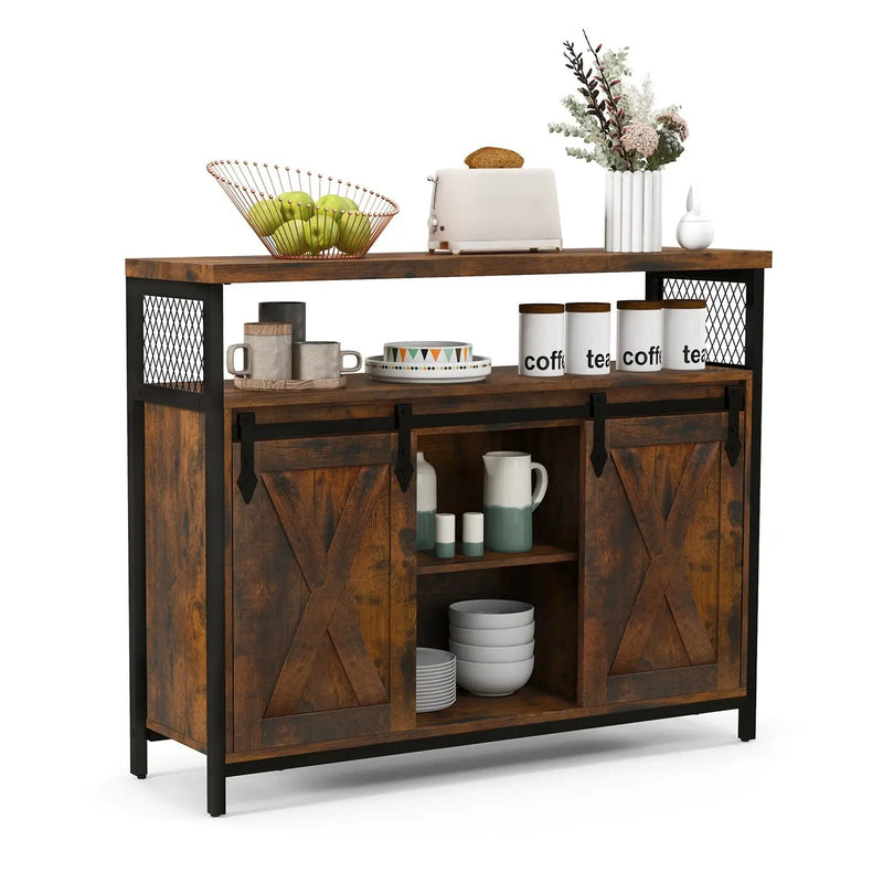 Buffet Cabinet with 3-Level Adjustable Shelves and 2 Sliding Barn Doors-Rustic Brown by DirectDeals