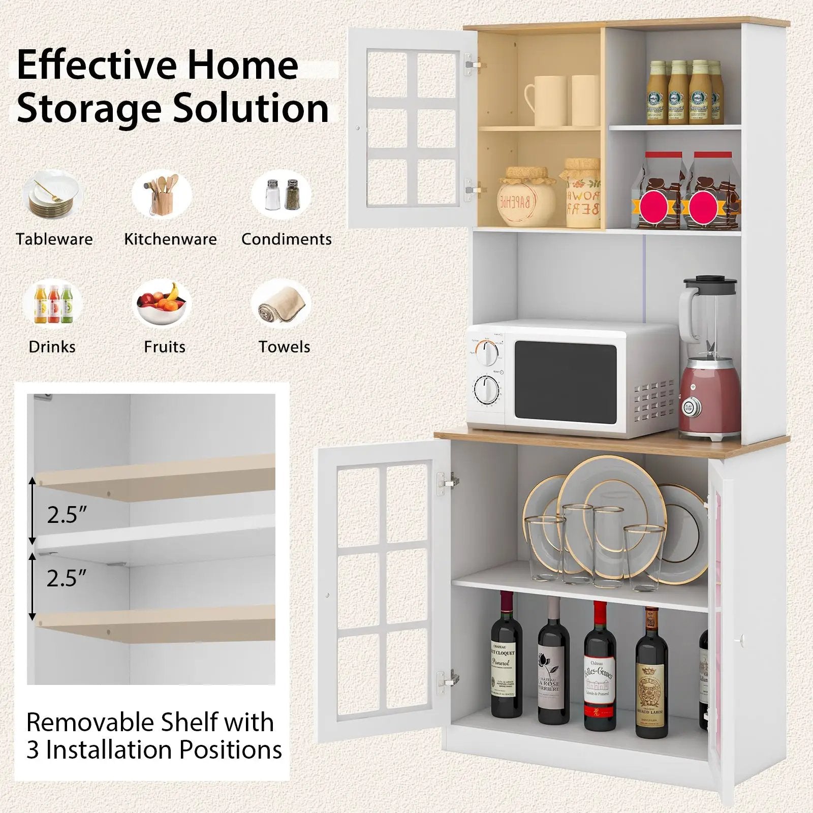 72 Inch Freestanding Pantry Cabinet with Hutch and Adjustable Shelf by DirectDeals