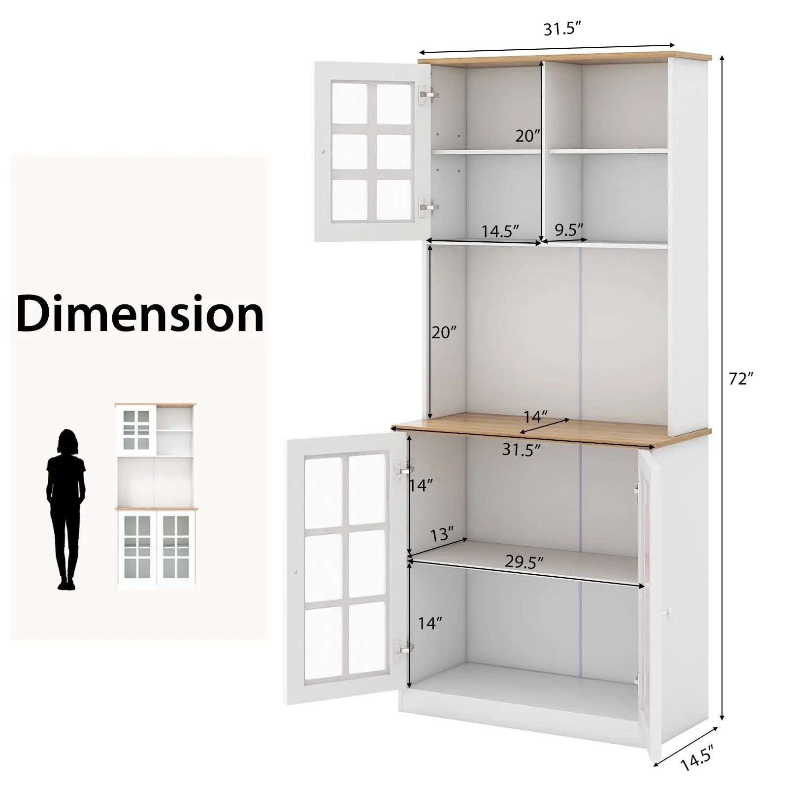 72 Inch Freestanding Pantry Cabinet with Hutch and Adjustable Shelf by DirectDeals