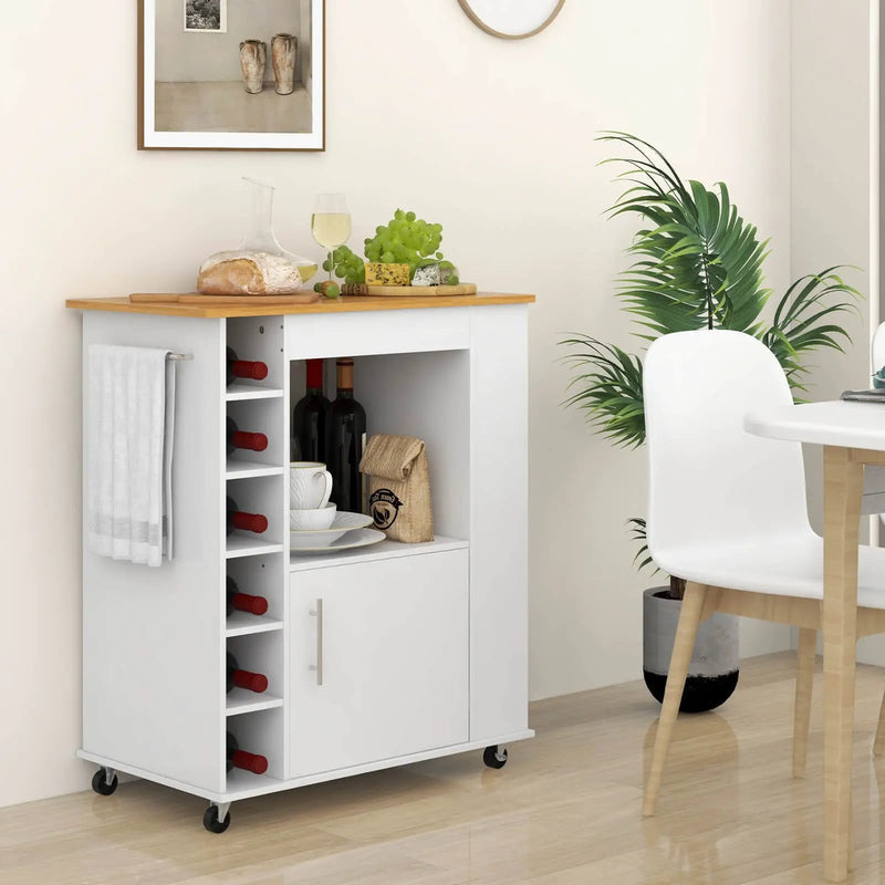 Kitchen Cart on Wheels with Bamboo Top and 6-Bottle Wine Rack-White by DirectDeals