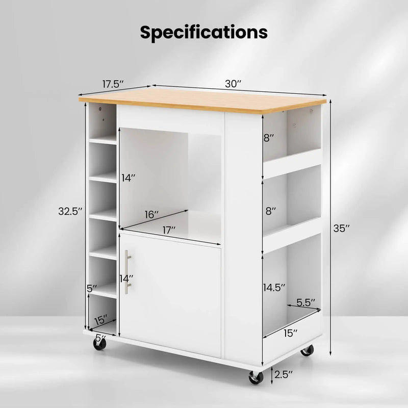 Kitchen Cart on Wheels with Bamboo Top and 6-Bottle Wine Rack-White by DirectDeals