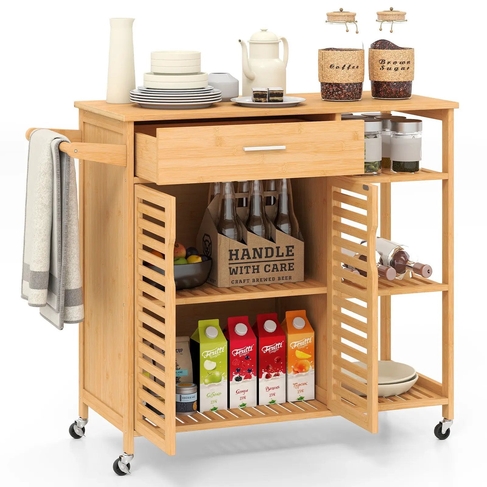 Kitchen Island Cart on Wheels with Sturdy Bamboo Frame-Natural by DirectDeals