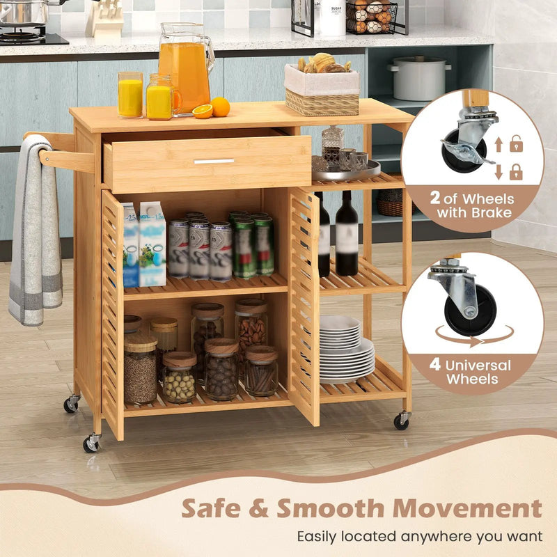 Kitchen Island Cart on Wheels with Sturdy Bamboo Frame-Natural by DirectDeals