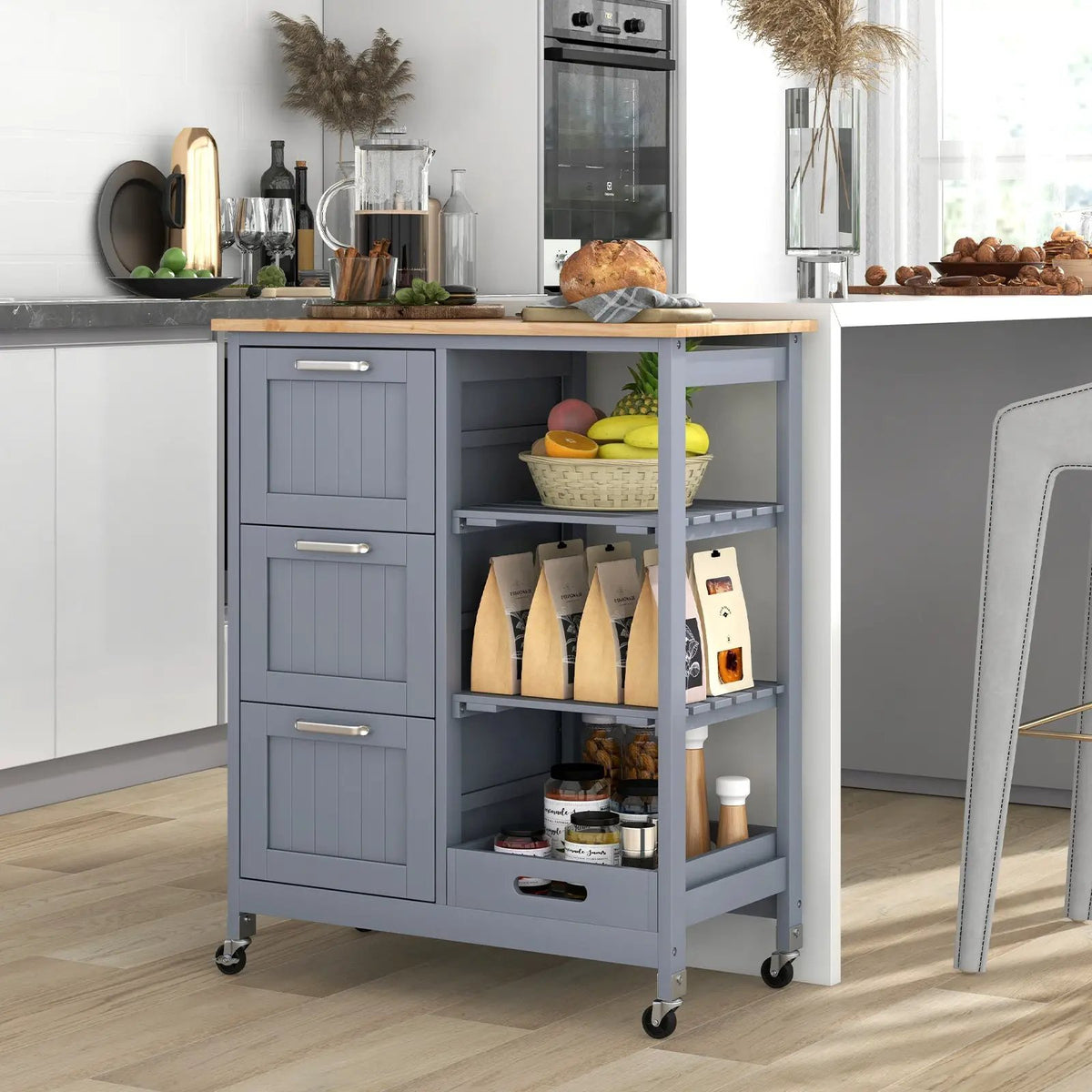Kitchen Island Cart on Wheels with Rubber Wood Top and 3 Drawersand Removable Tray by DirectDeals