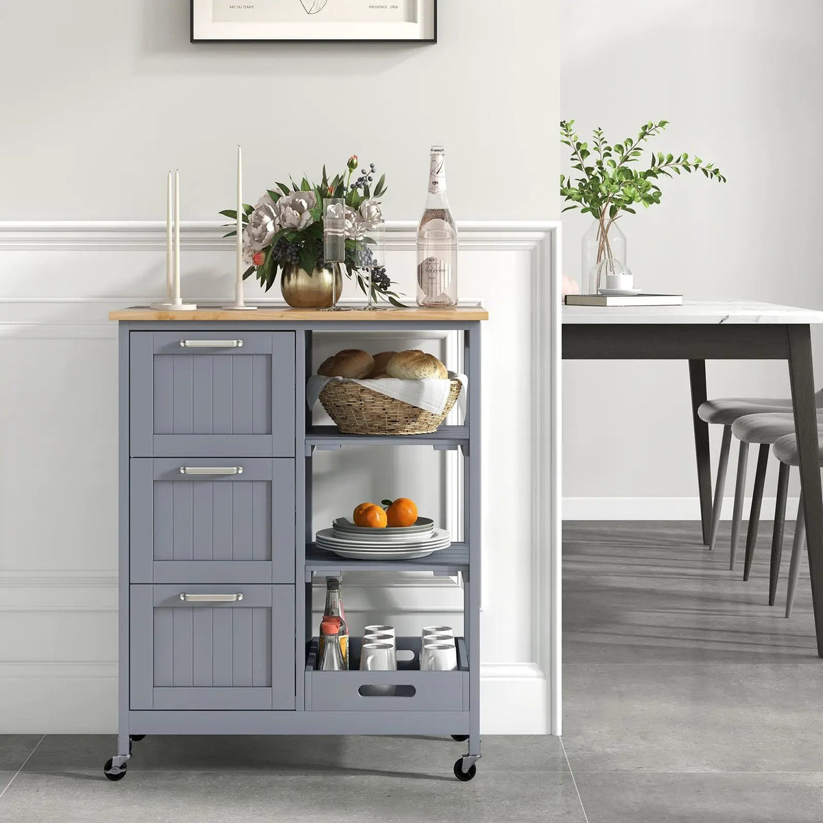 Kitchen Island Cart on Wheels with Rubber Wood Top and 3 Drawersand Removable Tray by DirectDeals