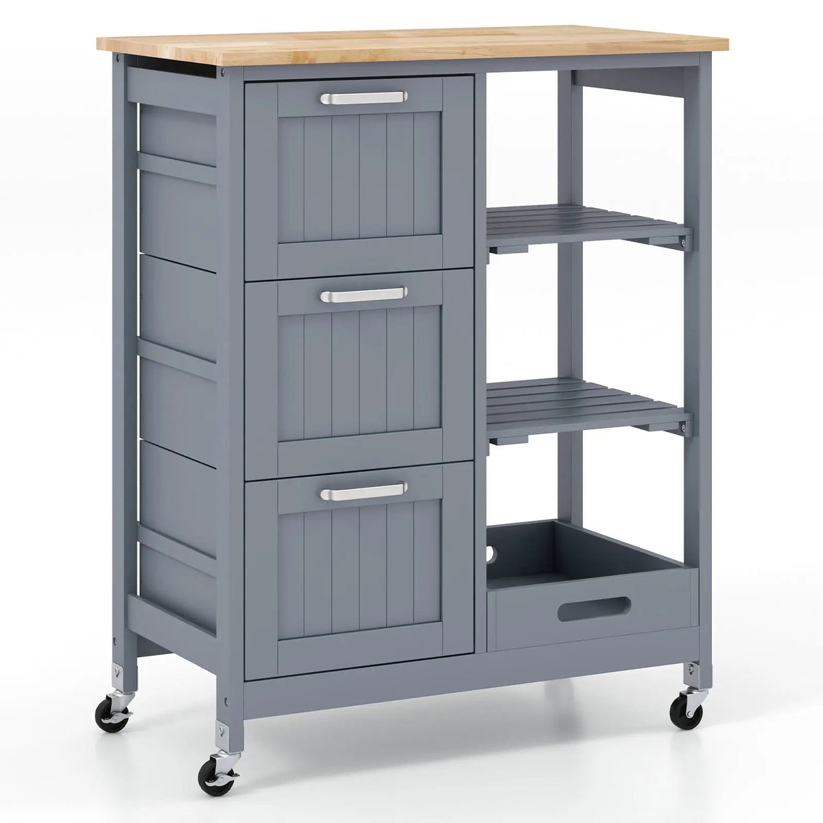 Kitchen Island Cart on Wheels with Rubber Wood Top and 3 Drawersand Removable Tray by DirectDeals