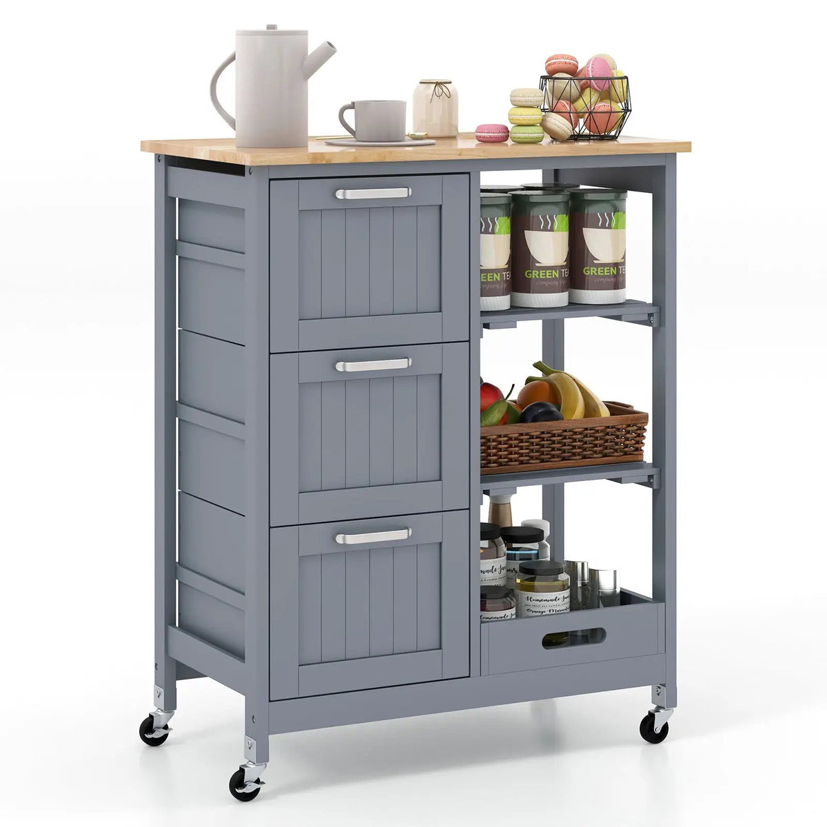 Kitchen Island Cart on Wheels with Rubber Wood Top and 3 Drawersand Removable Tray by DirectDeals