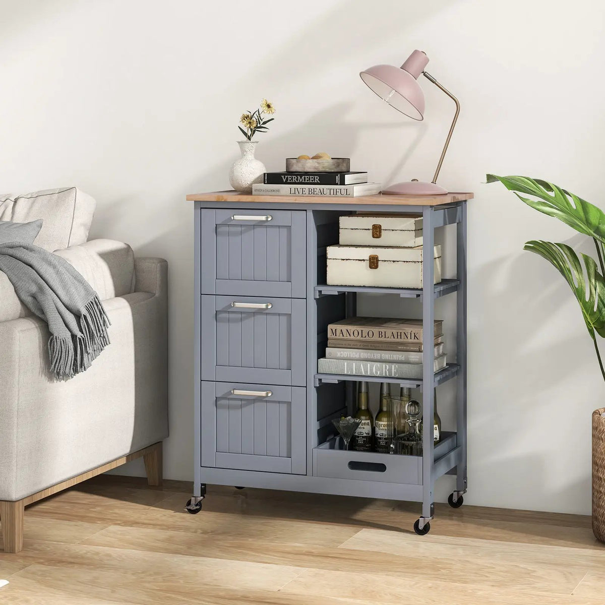 Kitchen Island Cart on Wheels with Rubber Wood Top and 3 Drawersand Removable Tray by DirectDeals
