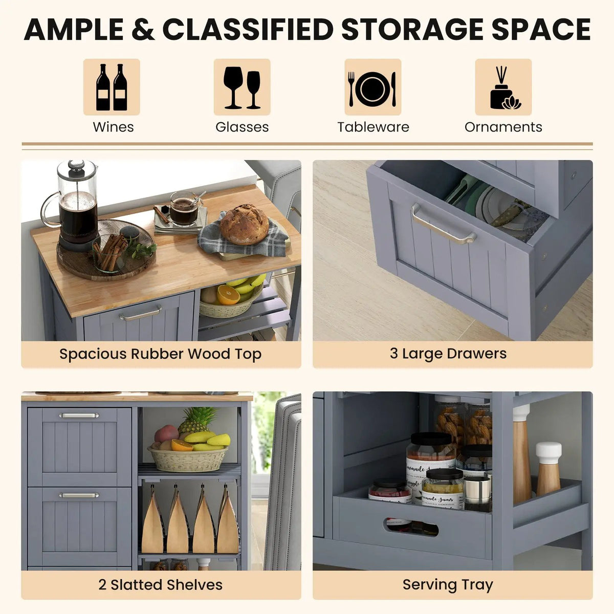 Kitchen Island Cart on Wheels with Rubber Wood Top and 3 Drawersand Removable Tray by DirectDeals