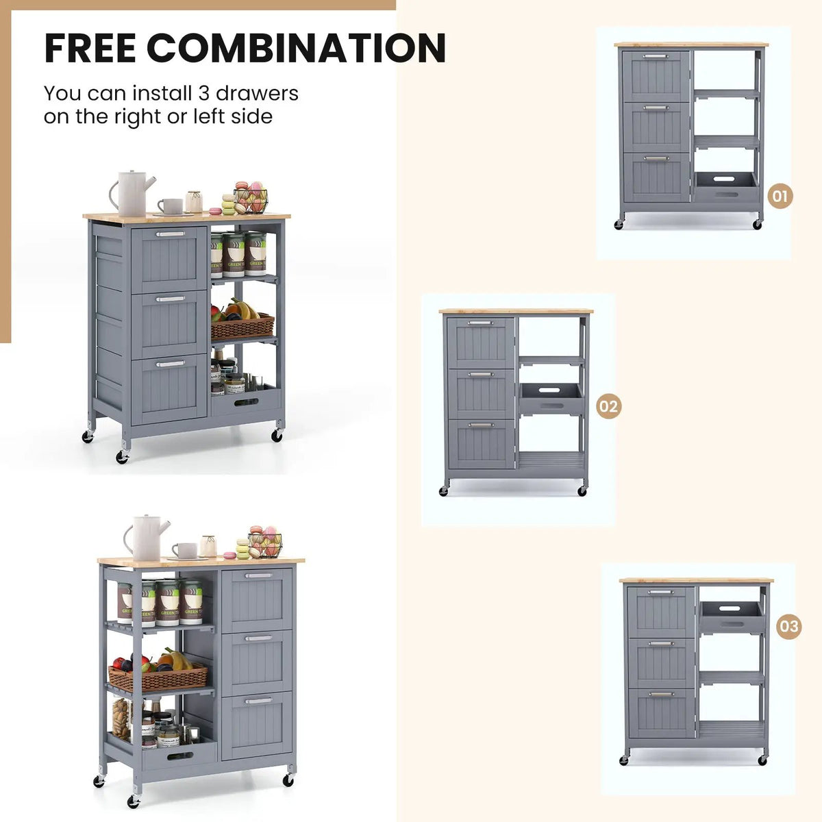 Kitchen Island Cart on Wheels with Rubber Wood Top and 3 Drawersand Removable Tray by DirectDeals