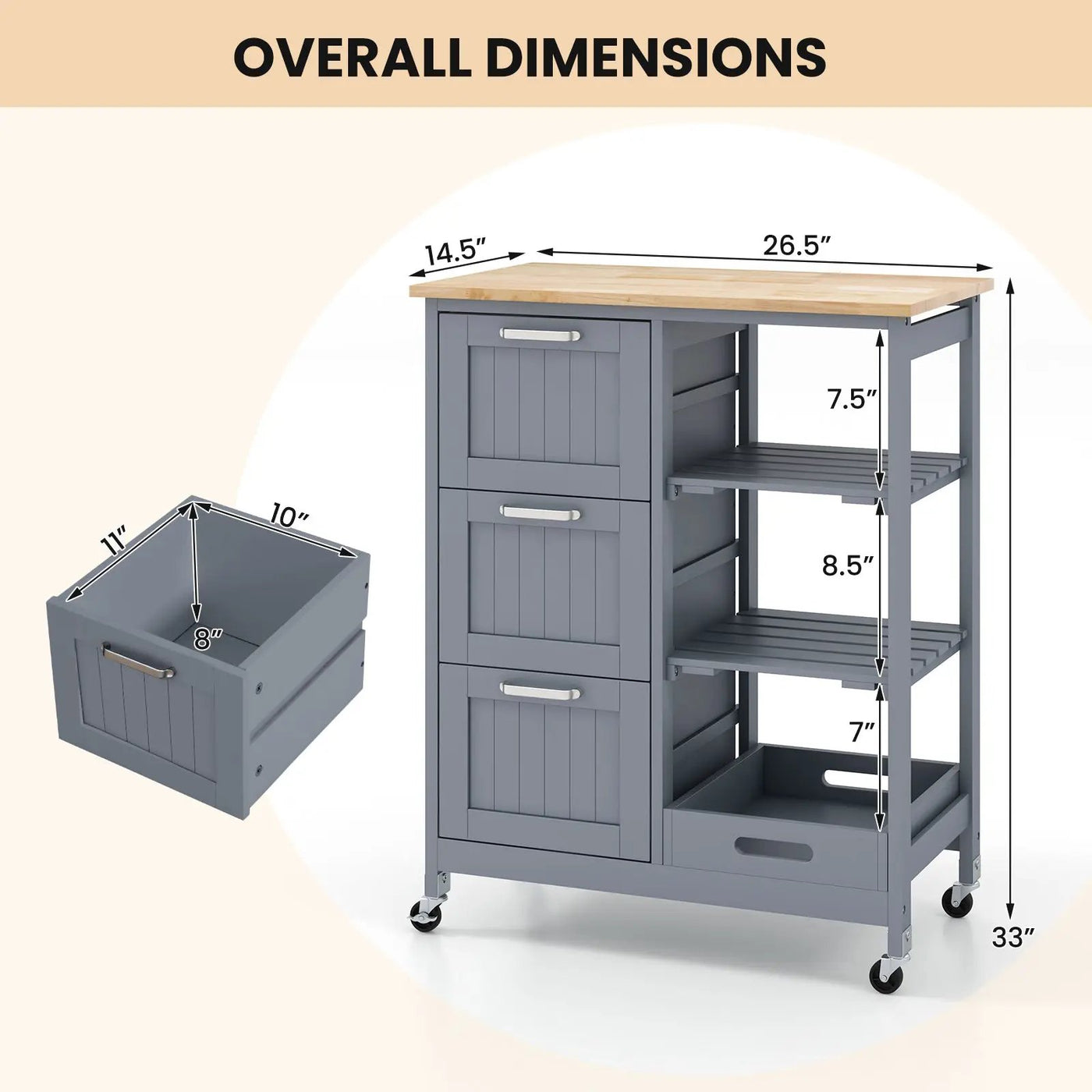 Kitchen Island Cart on Wheels with Rubber Wood Top and 3 Drawersand Removable Tray by DirectDeals