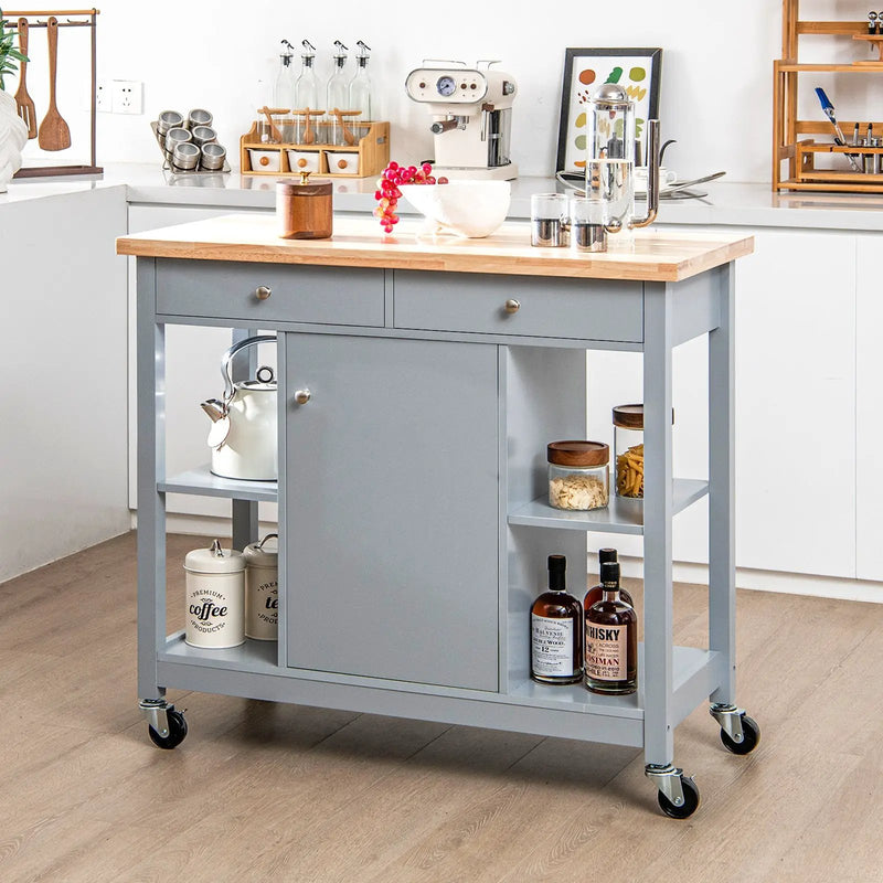 Mobile Kitchen Island Cart with 4 Open Shelves and 2 Drawers by DirectDeals