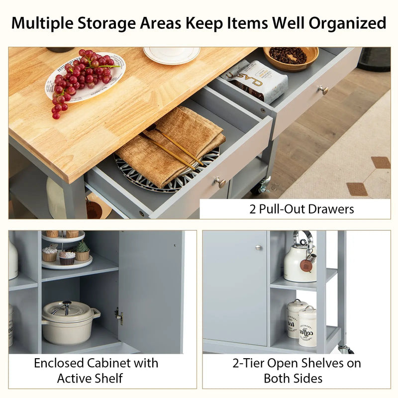 Mobile Kitchen Island Cart with 4 Open Shelves and 2 Drawers by DirectDeals