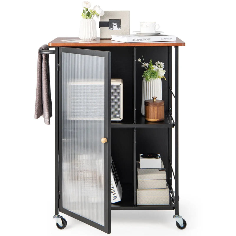 Mobile Serving Cart with Transparent Single Door Cabinet-Black by DirectDeals