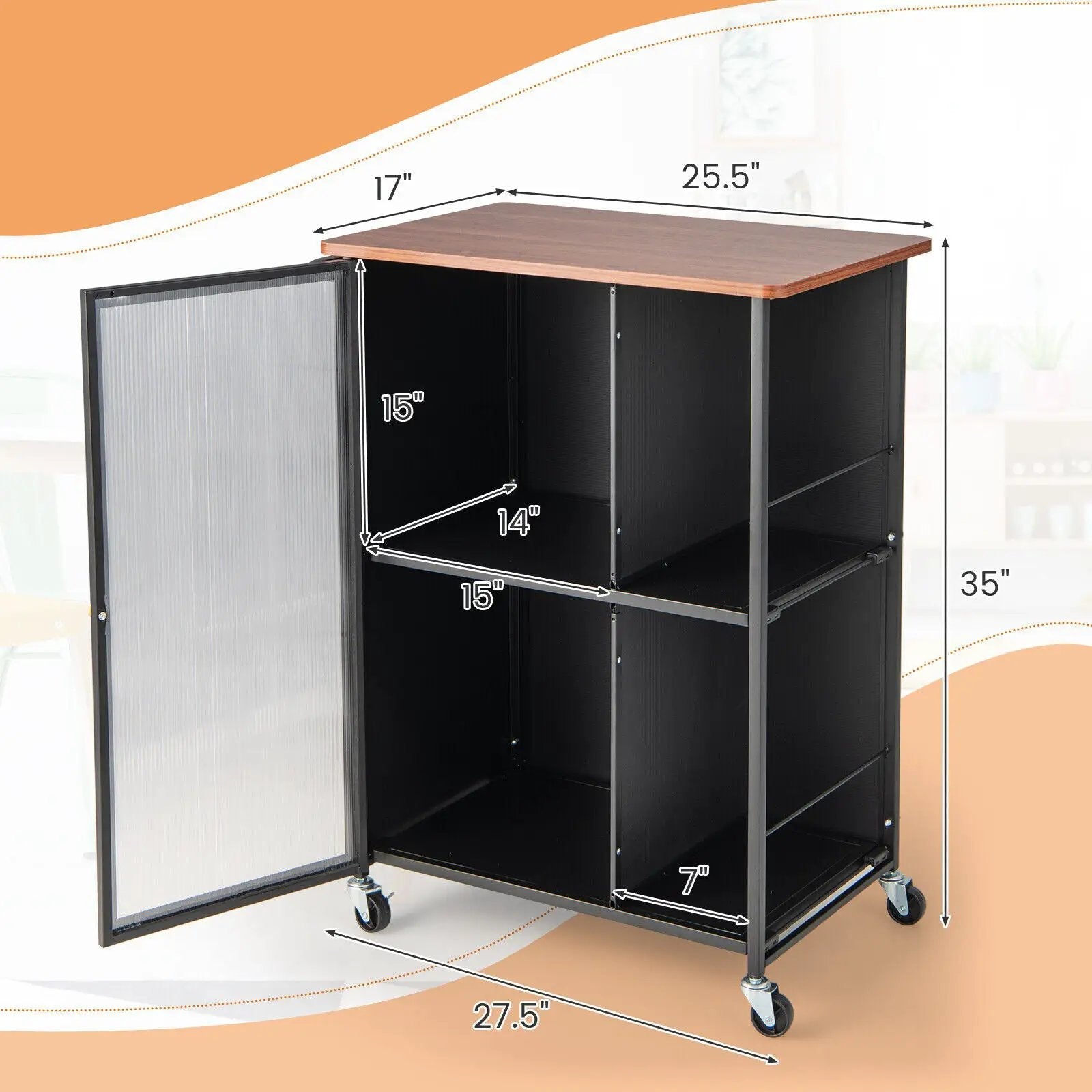 Mobile Serving Cart with Transparent Single Door Cabinet-Black by DirectDeals