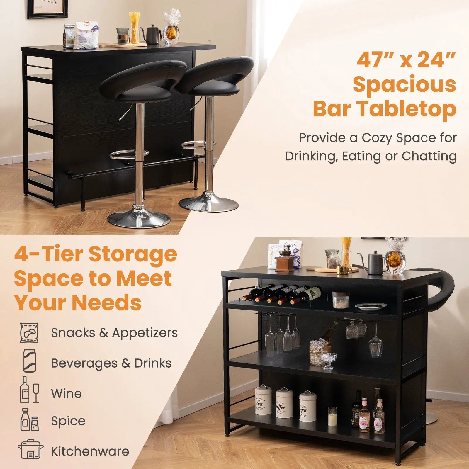 Kitchen Island with 4-Tier Storage Shelf and Long Footrest for Home by DirectDeals