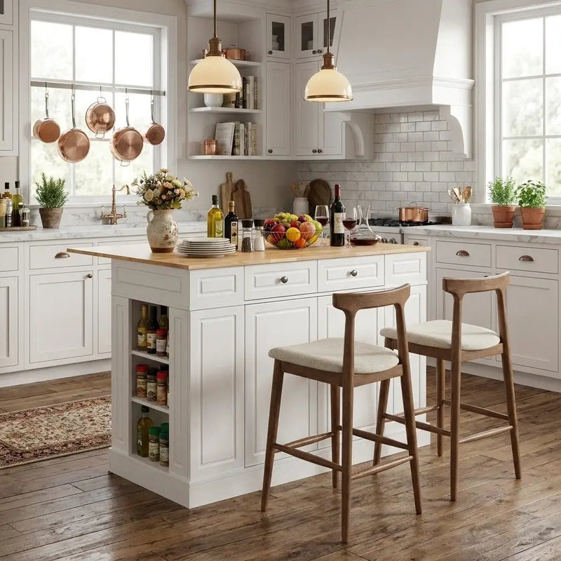Kitchen Island with Storage with 2 Counter Height Solid Wood Bar Stools Set by DirectDeals