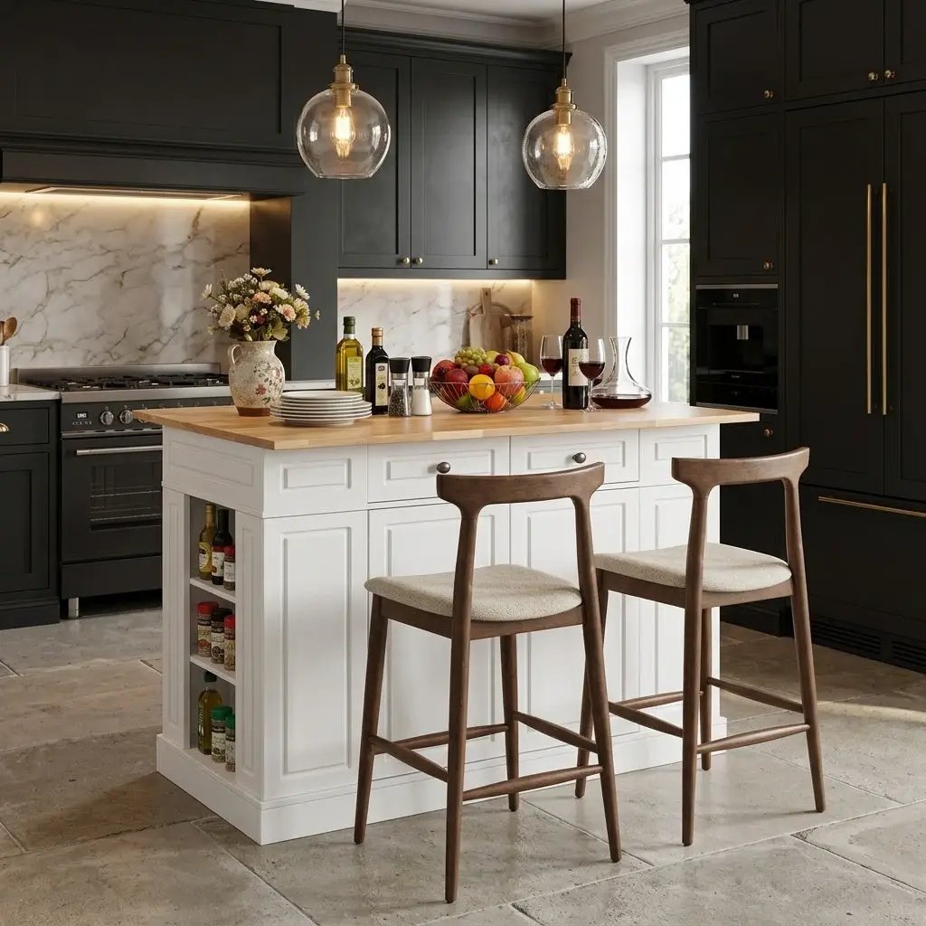 Kitchen Island with Storage with 2 Counter Height Solid Wood Bar Stools Set by DirectDeals