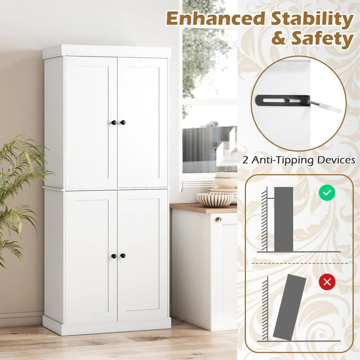 Kitchen Pantry Cabinet with 2 Adjustable Shelves and Anti-Tipping Kits for Living Room by DirectDeals