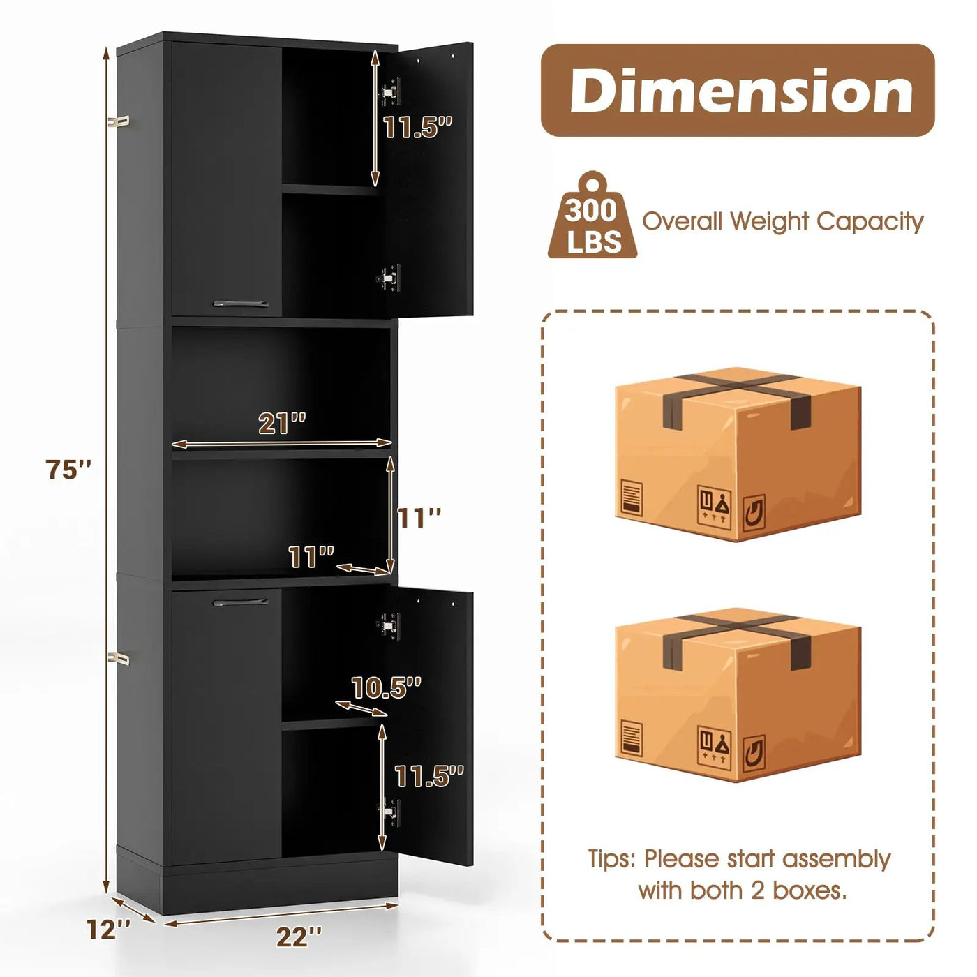 75 Inch Kitchen Pantry Cabinet Tall Cupboard with Doors and Shelves by DirectDeals