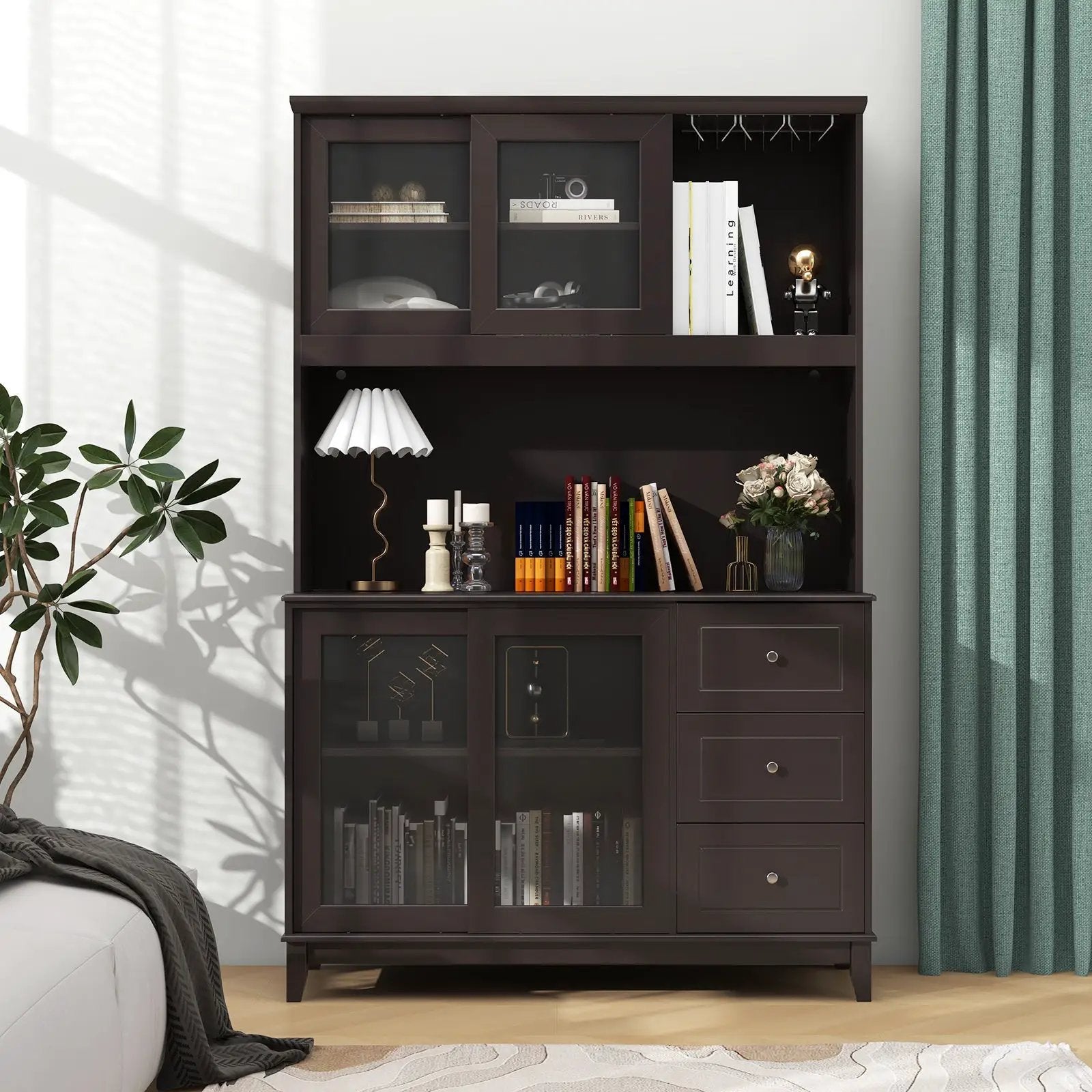 Kitchen Pantry Storage Cabinet Kitchen Hutch with LED lights and Power Outlet by DirectDeals