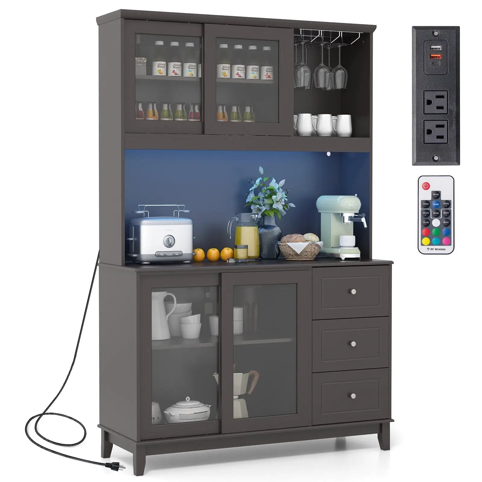 Kitchen Pantry Storage Cabinet Kitchen Hutch with LED lights and Power Outlet by DirectDeals