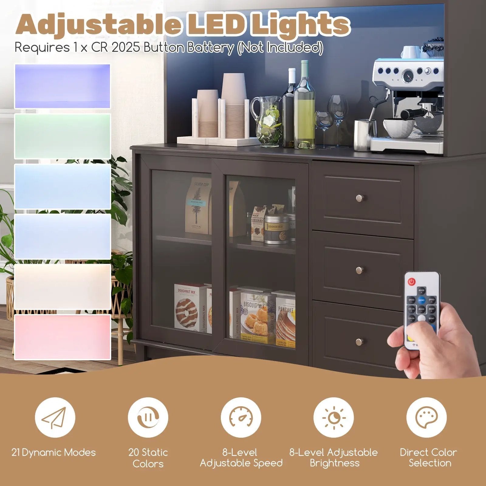 Kitchen Pantry Storage Cabinet Kitchen Hutch with LED lights and Power Outlet by DirectDeals