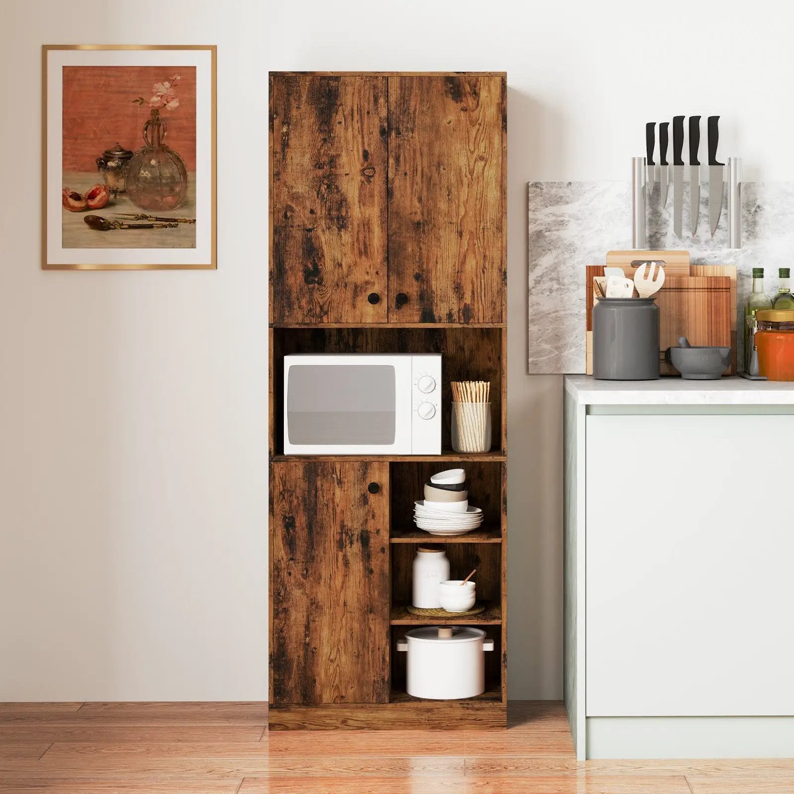 Kitchen Pantry Storage Cabinet with Microwave Stand and Open Shelves by DirectDeals