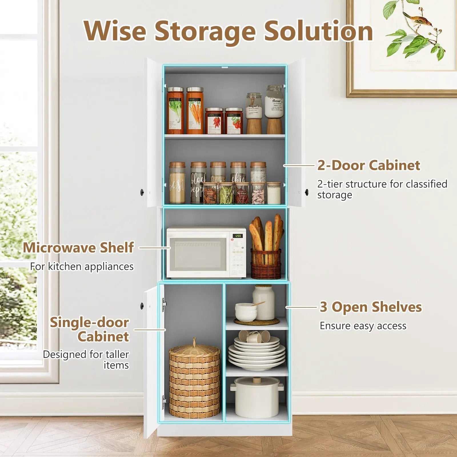 Kitchen Pantry Storage Cabinet with Microwave Stand and Open Shelves by DirectDeals
