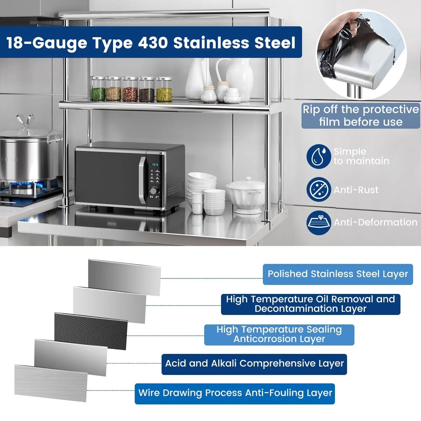 36 x 12 Inch Kitchen Stainless Steel Overshelf with Adjustable Lower Shelf by DirectDeals