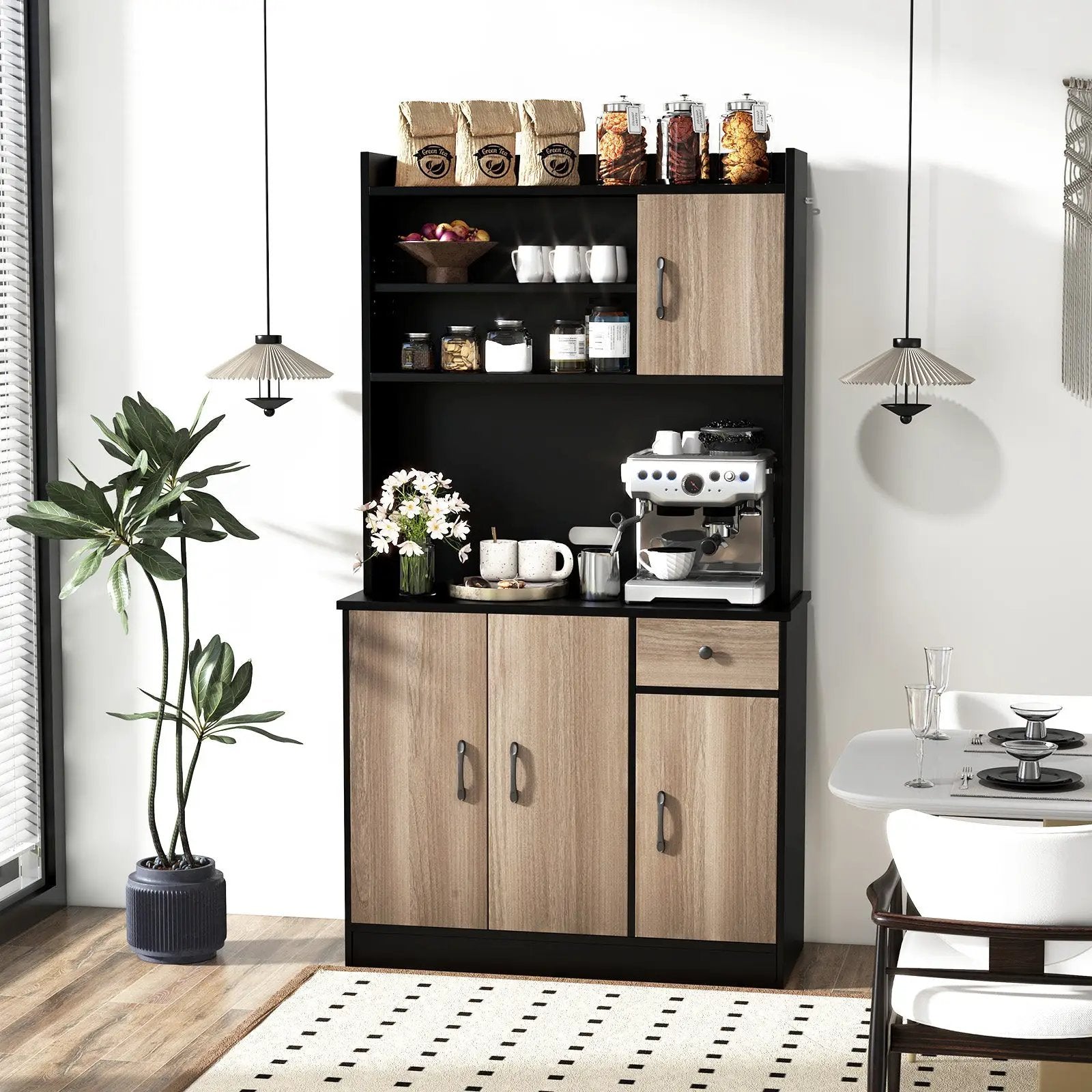 4-Door Freestanding Kitchen Buffet with Hutch and Adjustable Shelves by DirectDeals