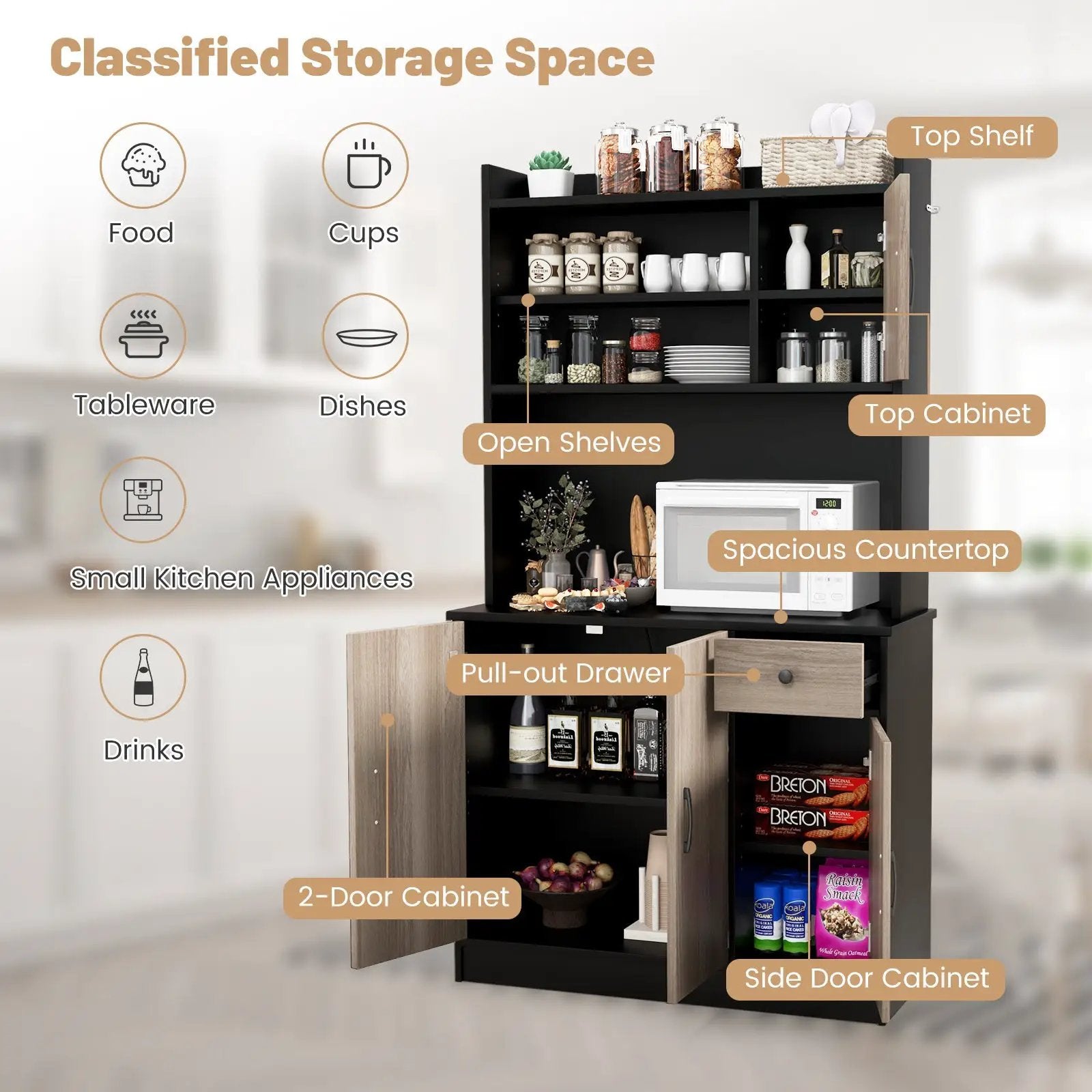 4-Door Freestanding Kitchen Buffet with Hutch and Adjustable Shelves by DirectDeals