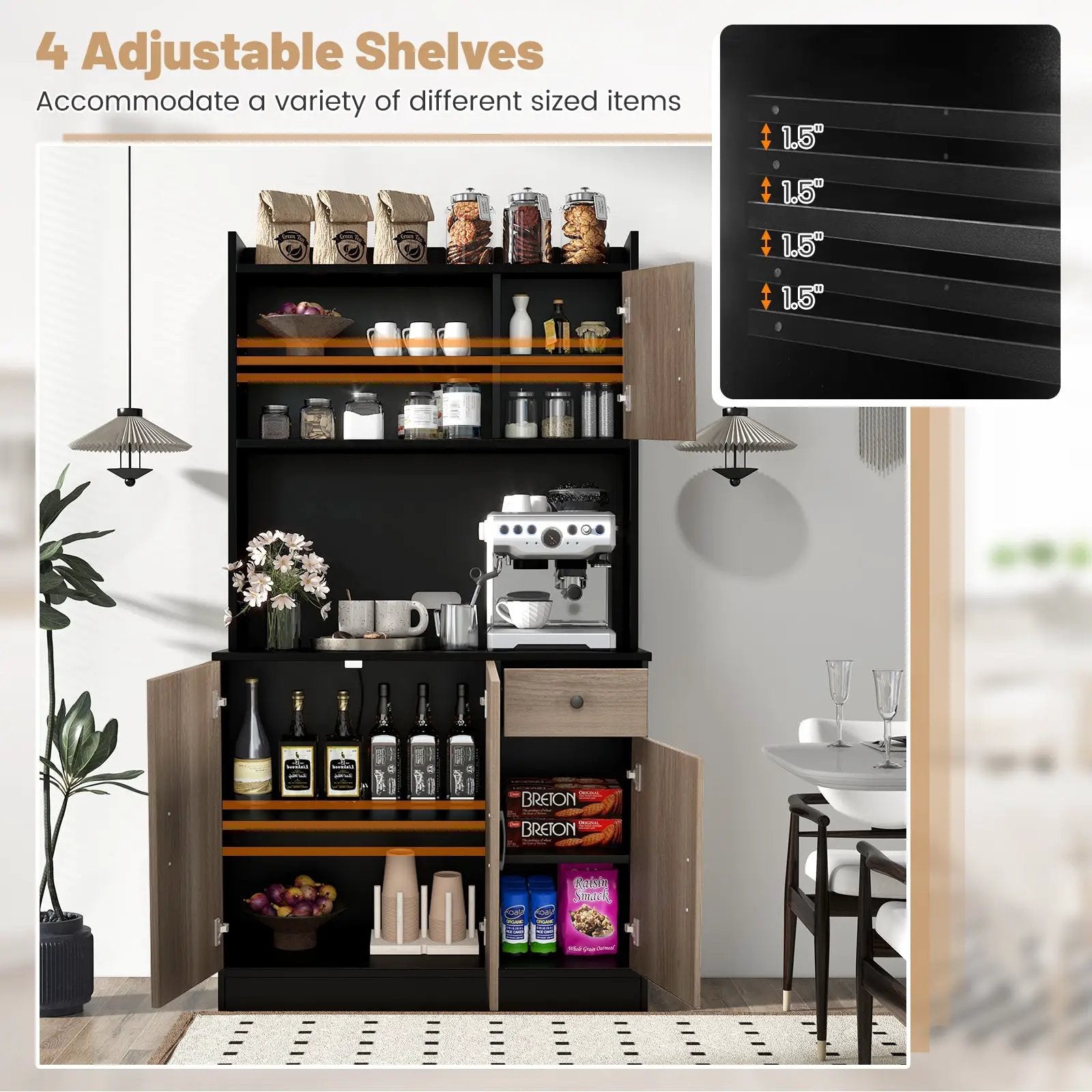 4-Door Freestanding Kitchen Buffet with Hutch and Adjustable Shelves by DirectDeals