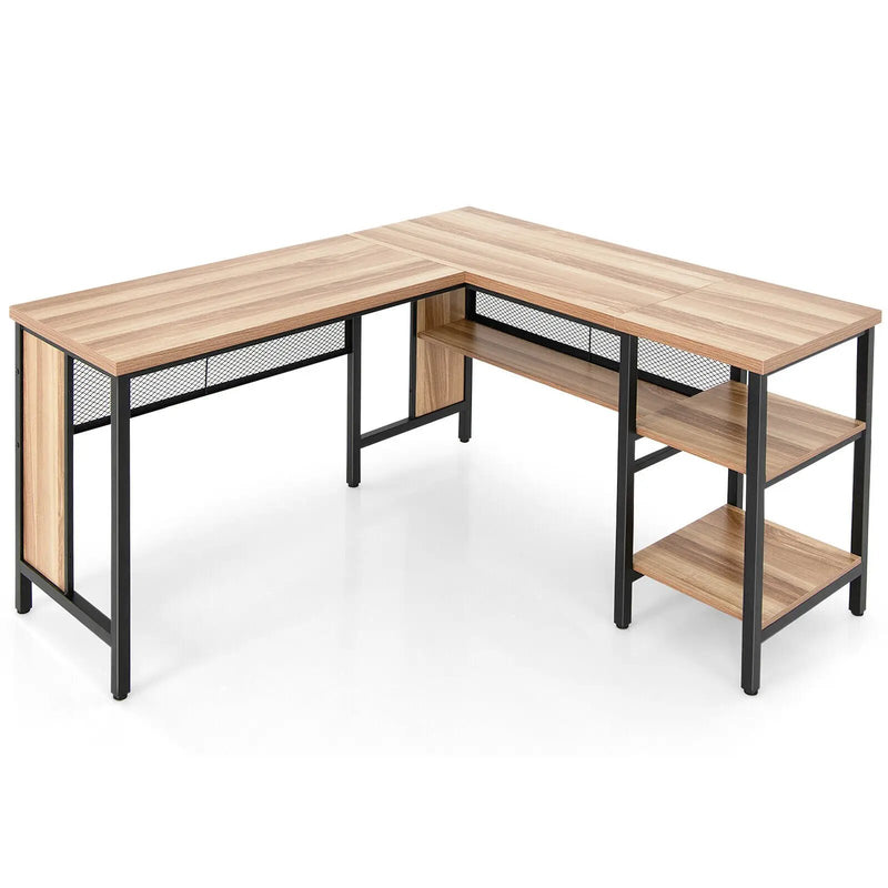 Industrial L-Shaped Corner Computer Desk Office Workstation with Storage Shelves by DirectDeals