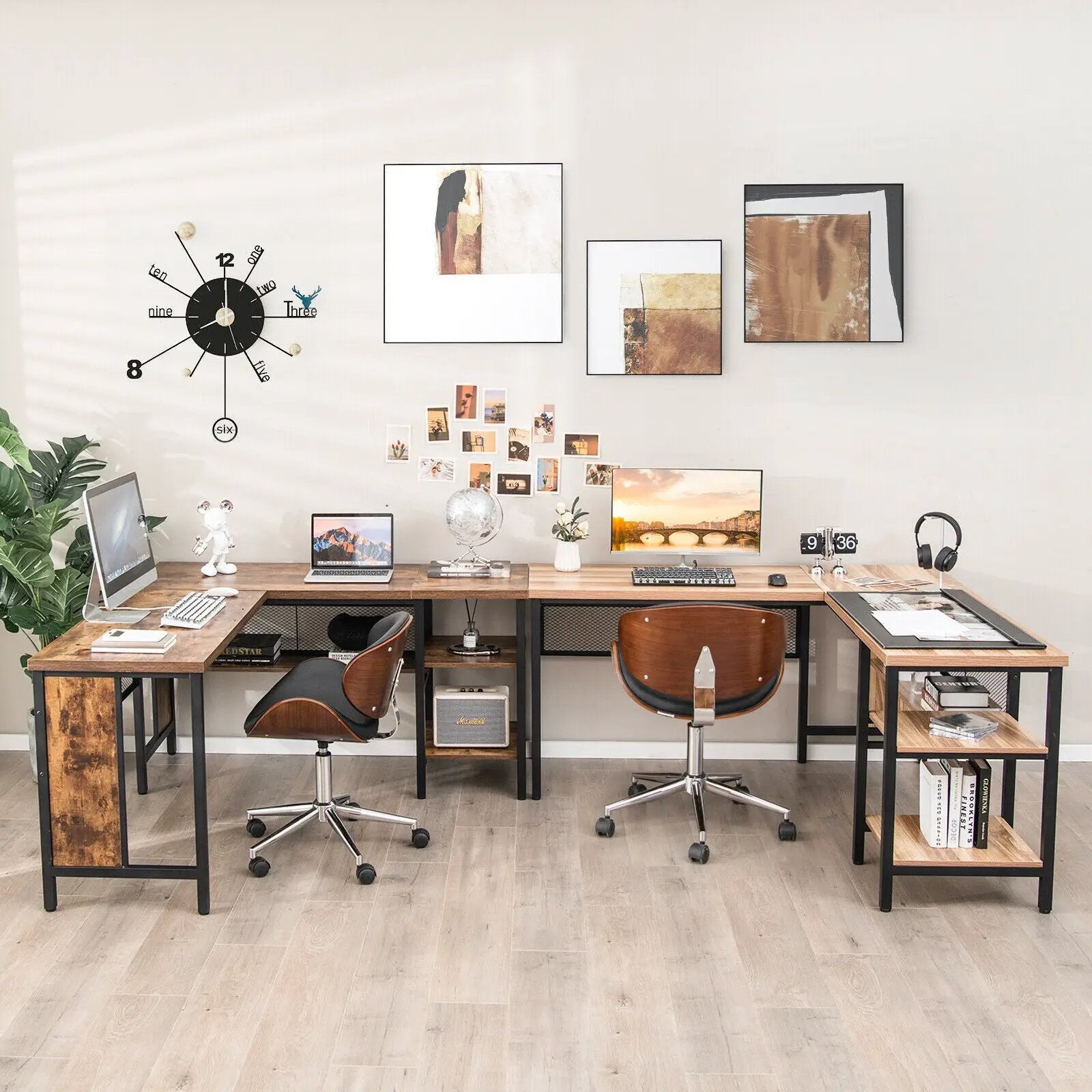 Industrial L-Shaped Corner Computer Desk Office Workstation with Storage Shelves by DirectDeals