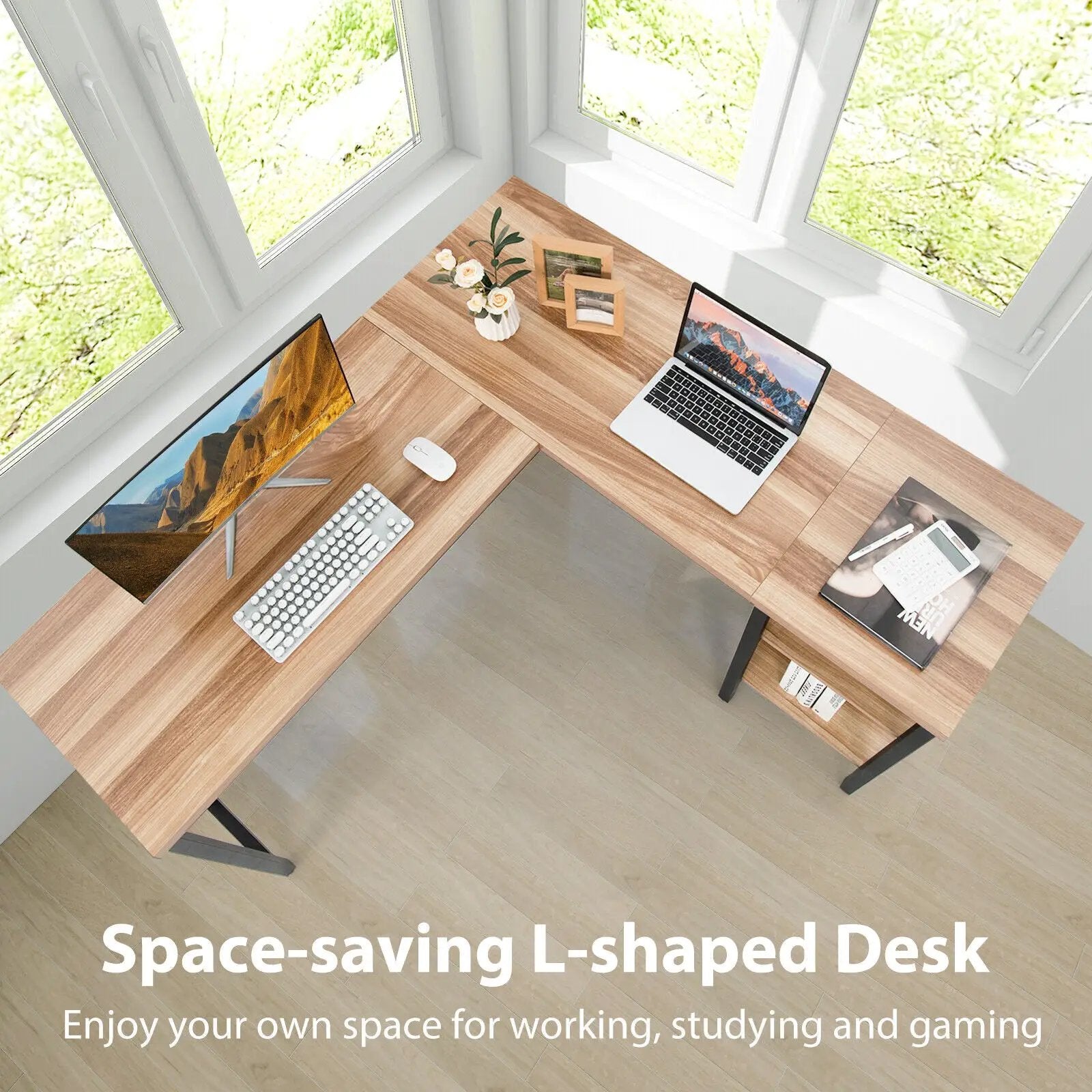 Industrial L-Shaped Corner Computer Desk Office Workstation with Storage Shelves by DirectDeals