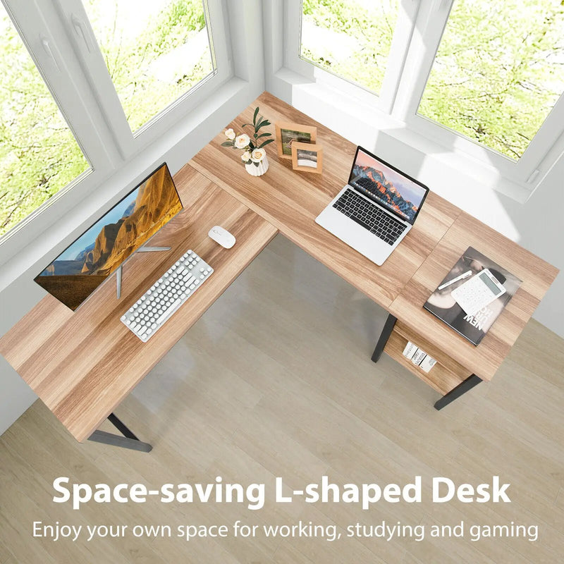 Industrial L-Shaped Corner Computer Desk Office Workstation with Storage Shelves by DirectDeals