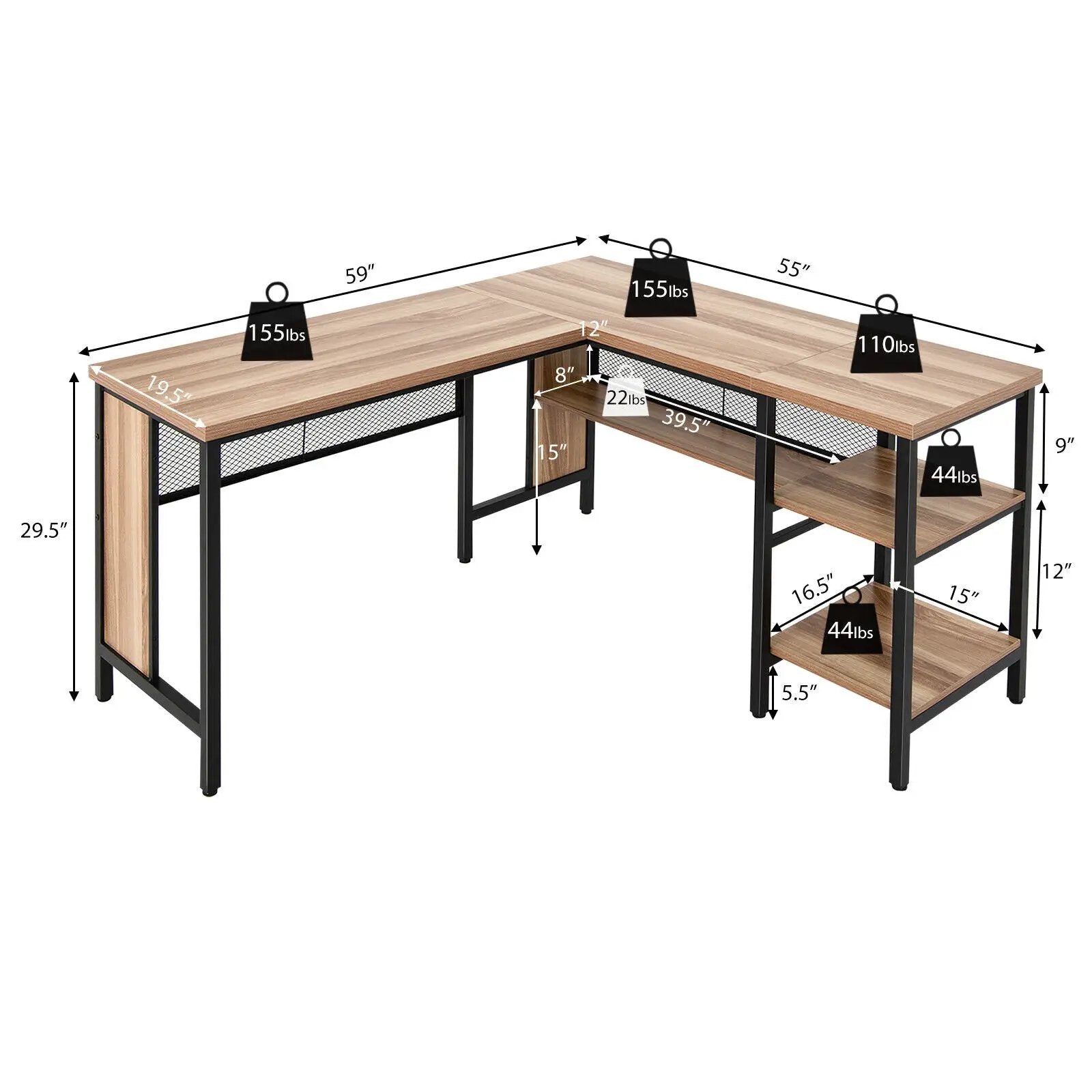 Industrial L-Shaped Corner Computer Desk Office Workstation with Storage Shelves by DirectDeals