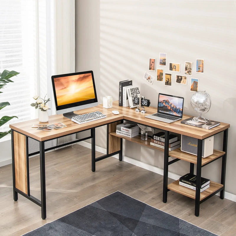 Industrial L-Shaped Corner Computer Desk Office Workstation with Storage Shelves by DirectDeals